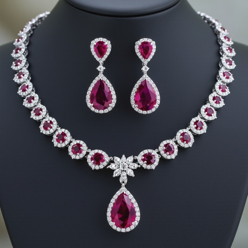Ruby luxury necklace long pear drop style and luxury earring set Platinum necklace, ruby pear drops, diamond accents, prong setting. Matching platinum earrings, ruby pear drops, diamond accents, prong setting.