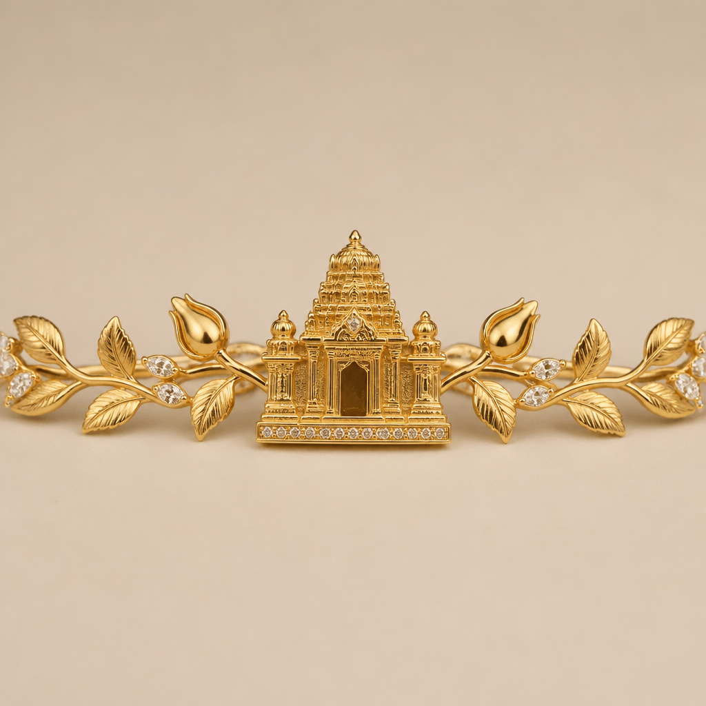. Refinement: instead of a pendant on
a chain I would like a continuation
of the pendant on both sides with leaves and a rose bud on either side of the Temple and then leaves.
The temple 3 dimensional
.All from 14 k
gold wirh some diamonds
photorealistic jewelry design, . Refinement: instead of a pendant on
a chain I would like a continuation
of the pendant on both sides with leaves and a rose bud on either side of the Temple and then leaves.
The temple 3 dimensional
.All from 14 k
gold wirh some diamonds, just the design no text