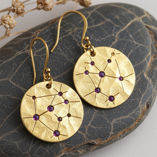 Серьги и кулон в одном стиле. Светлое матовое состаренное мятое золото. На круге изобрежены созвездия. Очень маленькие сиреневые камушки. 