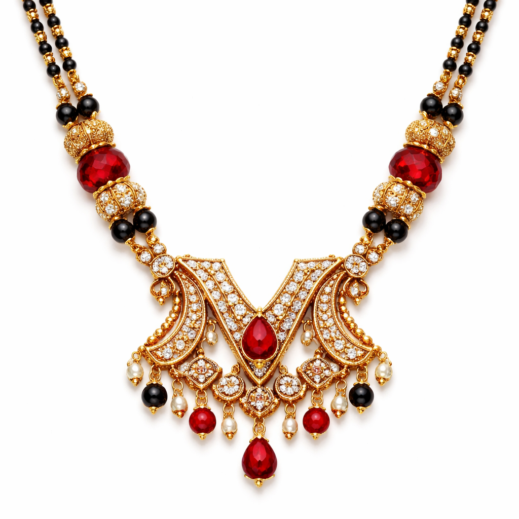Wedding chain which comes with m shape locket and red, gold and black colour balls should be coming both sides locket