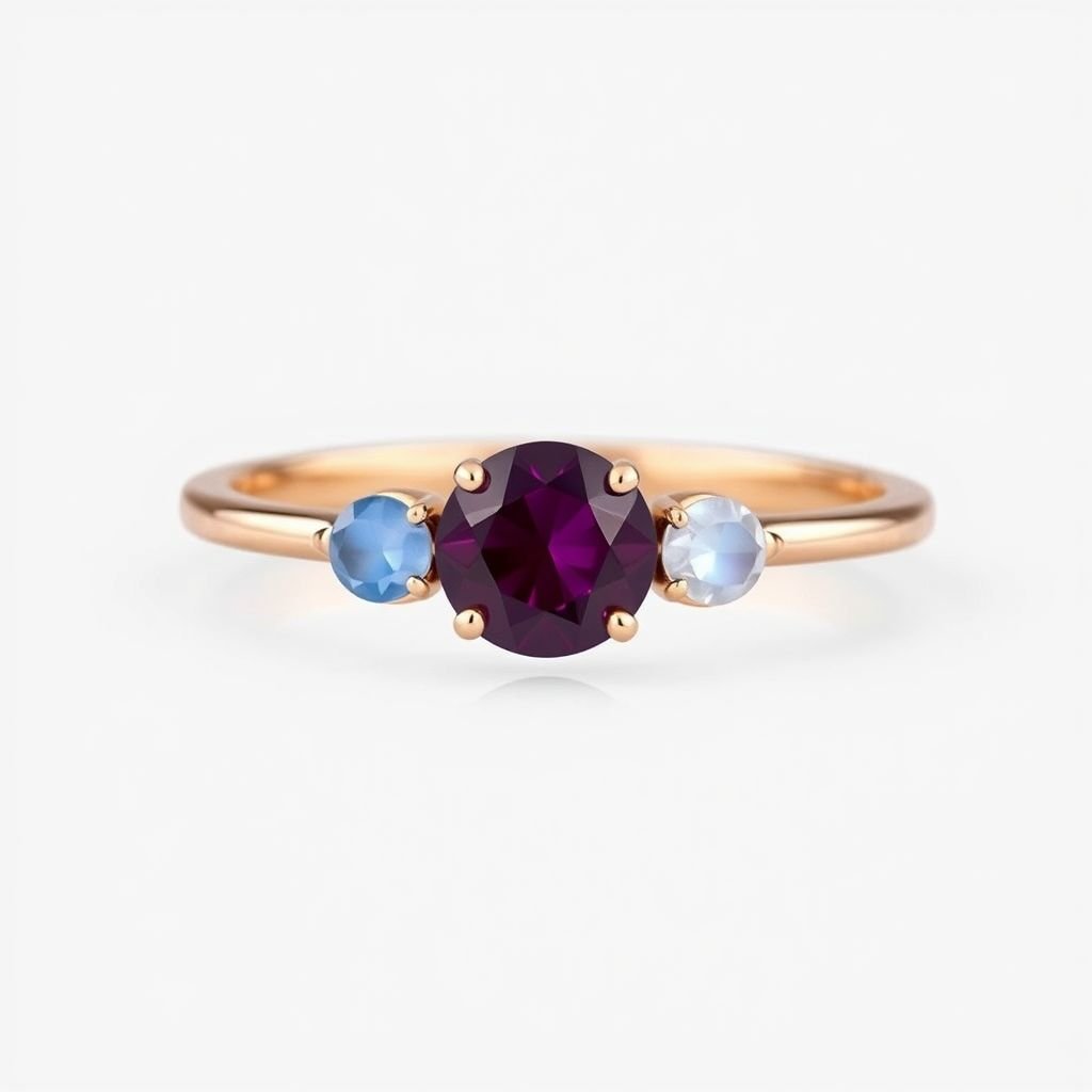 A simple, three stone 18 karat rose gold engagement ring set with a circular alexandrite. Also set with a small half moon blue chalcedony on one side right next to it, and a small half moon moonstone set on the other side right next to it. On the inside of the band, it has an inscription reading, “Tuum. Et in hac vita et in altera.”