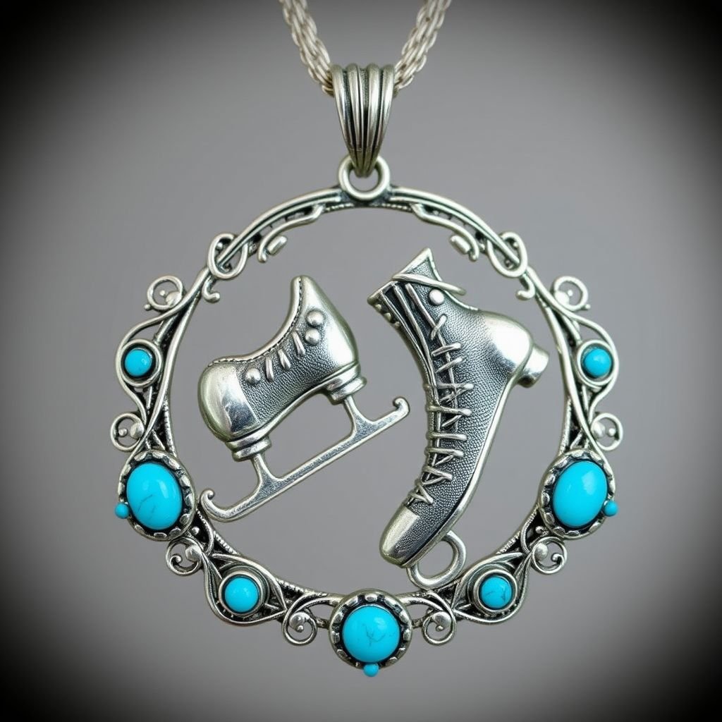 Pendant silver with stylized ice figure skating skates. Remove boots and leave only lowest part of skates. Add turquoise