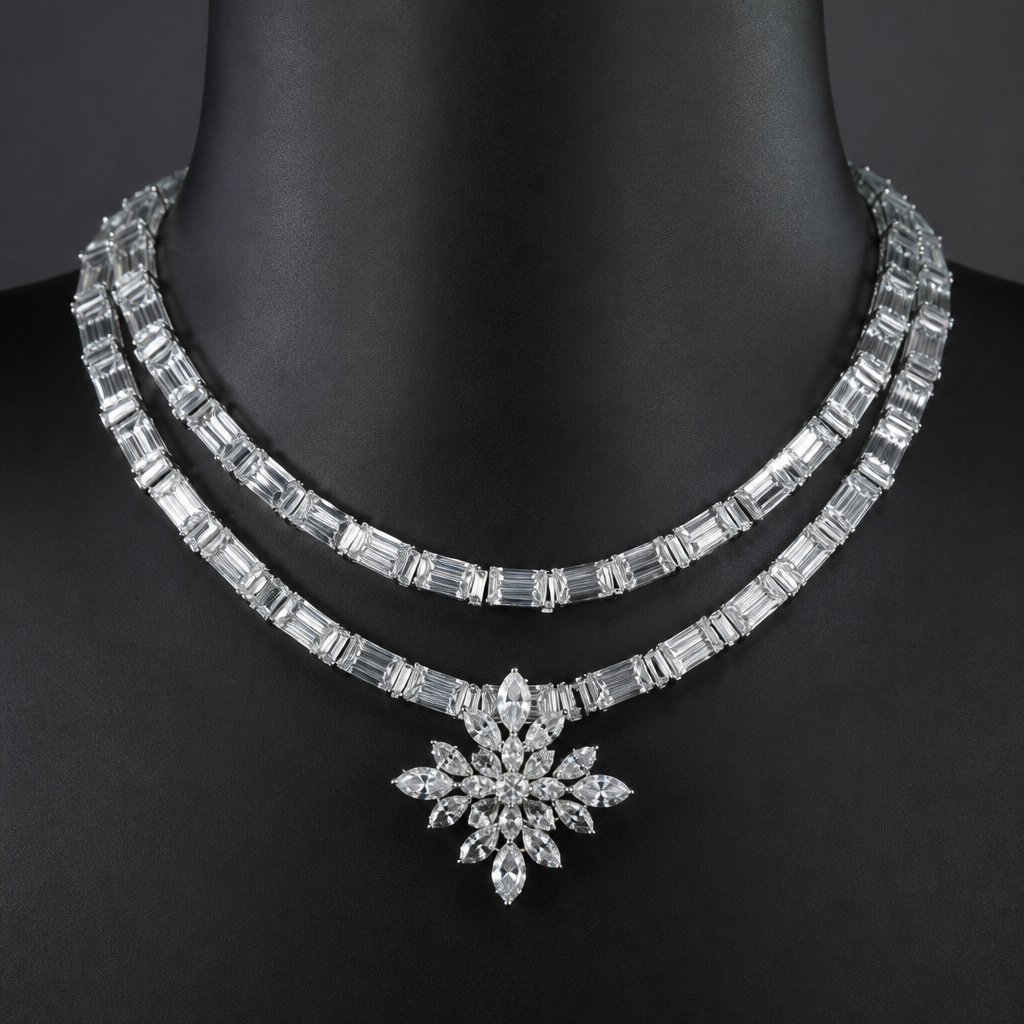 A women's necklace with diamond stones. It will be a double but adjacent necklace, no chain will be used, instead transparent rectangular crystals will be arranged in slight up and down movements. The necklace on top will not be a collar model, it will be a necklace that wraps around the neck from below. In the necklace below, no chain will be used in the same way, instead it will be a rectangle arranged up and down. There will be a white crystal flower or snowflake as a pendant.
photorealistic jewelry design, A women's necklace with diamond stones. It will be a double but adjacent necklace, no chain will be used, instead transparent rectangular crystals will be arranged in slight up and down movements. The necklace on top will not be a collar model, it will be a necklace that wraps around the neck from below. In the necklace below, no chain will be used in the same way, instead it will be a rectangle arranged up and down. There will be a white crystal flower or snowflake as a pendant., modern style, just the design no text