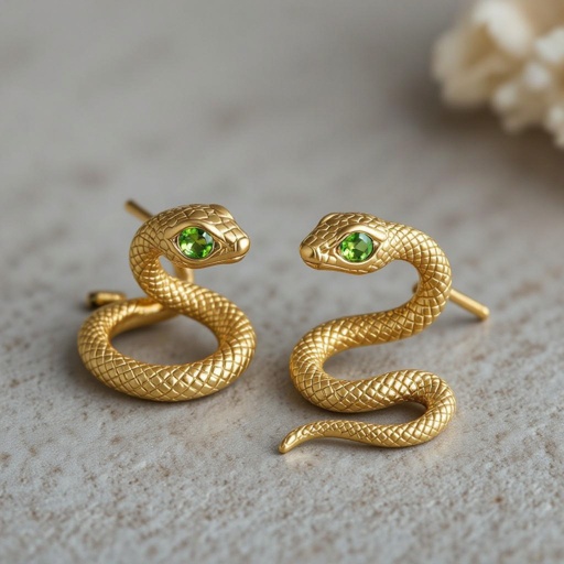 Небольшие золотые матовые серьги в виде символической змеи