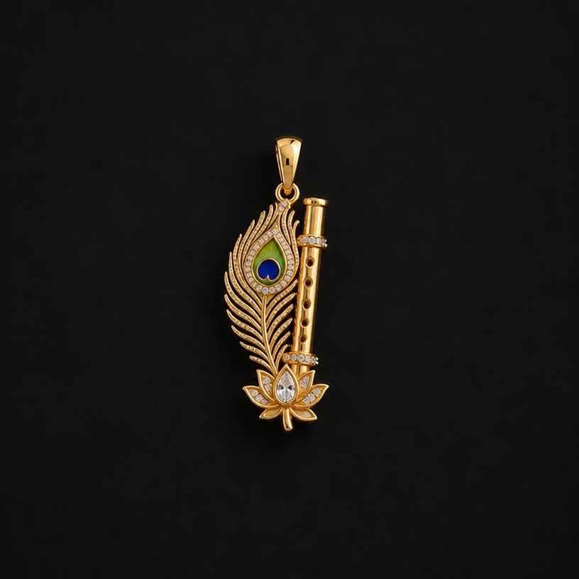 Peacock feather + flute + lotus gold n diamond small tiny pendant
edit the attached jewelry design with these instructions: Peacock feather + flute + lotus gold n diamond small tiny pendant. keep it photorealistic, just the design no text