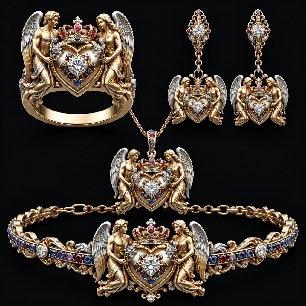 A royal women's ring made of mixed metal with diamond and ruby and sapphire stones suitable for wedding. An extraordinary beautiful delicate elegant and excellent set of jewelry with a beautiful delicate and elegant ring, two ear rings, a pendant and a bracelet with a heart at the middle and a diamond in the middle of the heart over the heart to be placed a beautiful delicate and elegant queen crown with a diamond in the middle and rubies and sapphires all around the crown, with an extraordinary beautiful delicate and elegant female Angel with a beautiful delicate and elegant face with long hair holding a heart with Her right hand and a rose with Her left hand at the right side of the heart and an extraordinary beautiful delicate and elegant male Angel with an extraordinary beautiful delicate elegant and fit body with a beautiful delicate and elegant face with short hair holding a heart with His right hand and a rose with His left hand at the left side of the heat. Both Angels to be placed to all the items of the set. The Angels to be adult Angels at all the items of the set. The crown to be placed on the heart.