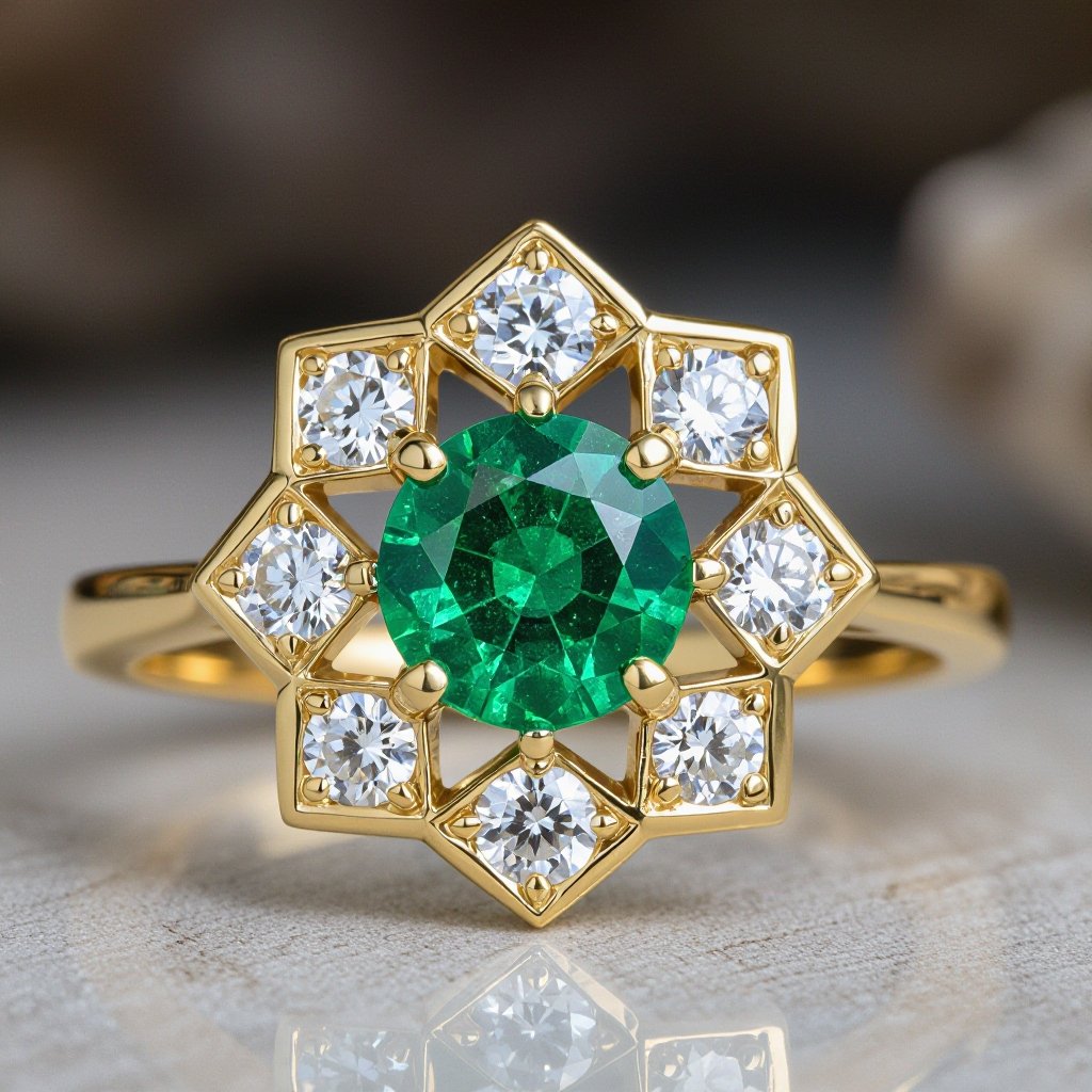 Anillo en oro con esmeralda trapiche con redonda y solo seis diamantes al rededor que forme un hexágono en el metal