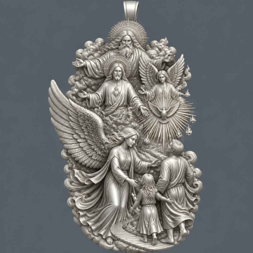 A modern women's pendant made of silver suitable for festival. An extraordinary excellent beautiful delicate and elegant pendant with the Guardian Angel with a beautiful delicate and elegant face, with long hair, with big wings flying, with a beautiful delicate elegant and with beautiful curves at her body, with a beautiful delicate and elegant tunic holding a child and an adult with its hands protecting them and guiding them on the way of the Holy Trinity. Sawing the way of the Holy Trinity in front of them God the Father, God the Son and God the Holy Spirit, the Holy Spirit to be as an Angel with a dove under the Angel surrounded by tongues of fire radiating light to the persons and the Guardian Angel, without the surrounding metals of the pendant. All the persons and the surrounding area to be 3D like statues.