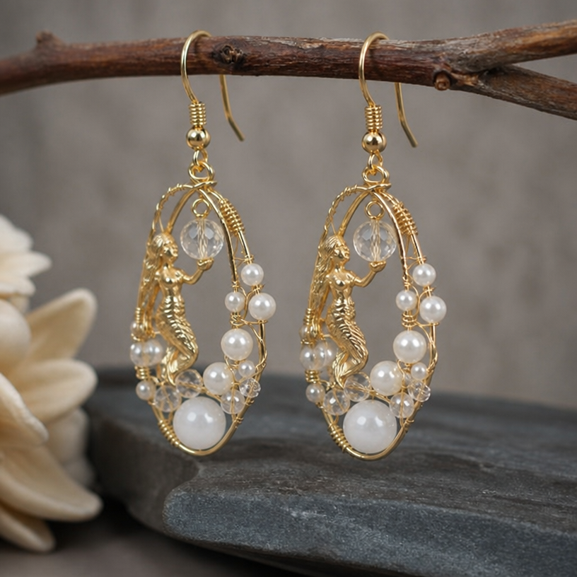 A mythological women's earrings suitable for daily wear. beautiful bead, crystal bead and wire earrings zues
using the attached image as a visual reference, create A mythological women's earrings suitable for daily wear. beautiful bead, crystal bead and wire earrings zues. photorealistic, just the design no text