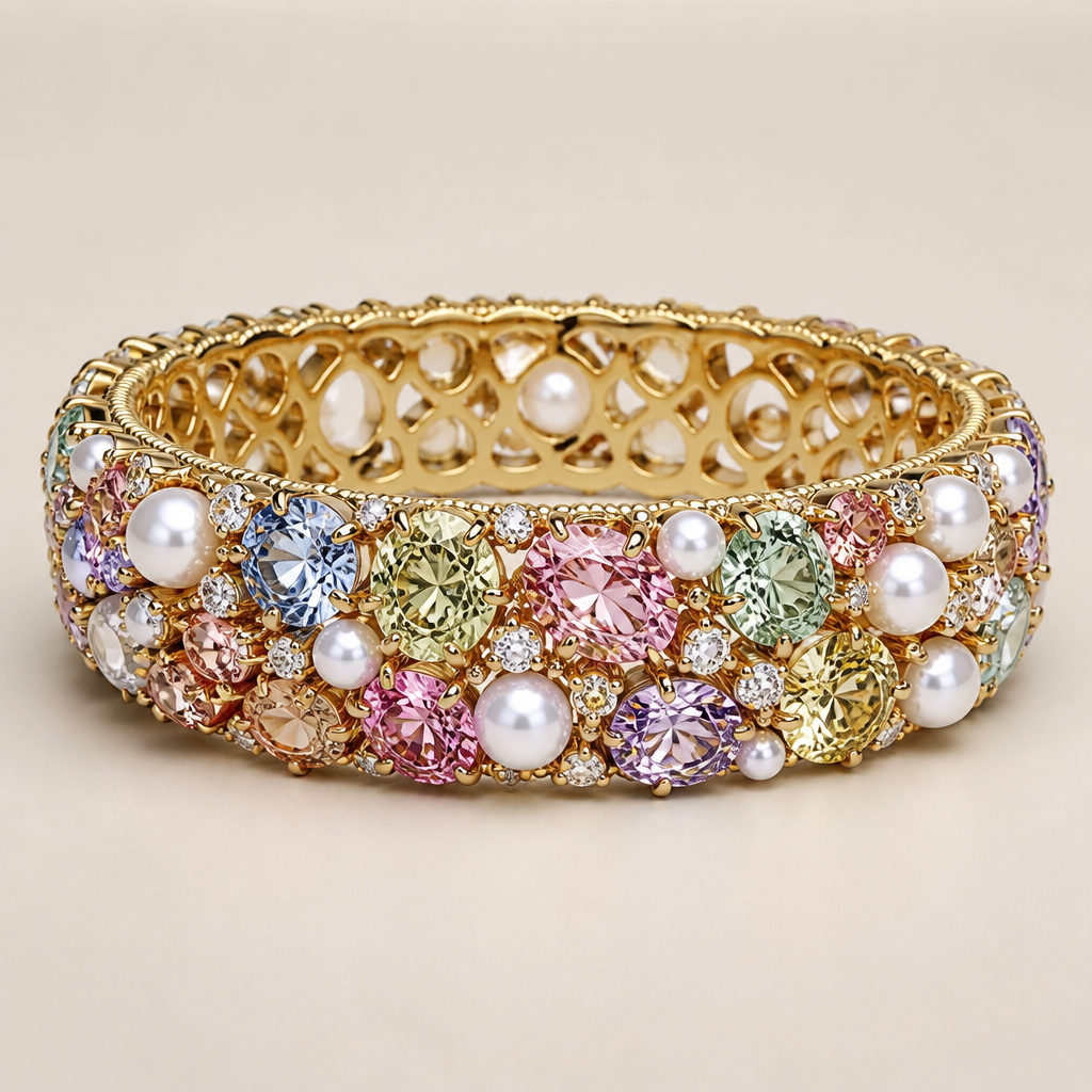 Multicolored diamonds in gold band with pearls
photorealistic jewelry design, Multicolored diamonds in gold band with pearls , royal style, just the design no text