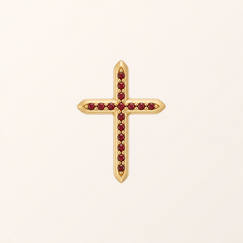 Dainty and feminine Gold cross with rubies, majority gold . Hidden bail
photorealistic jewelry design, Dainty and feminine Gold cross with rubies, majority gold . Hidden bail, minimalist style, just the design no text