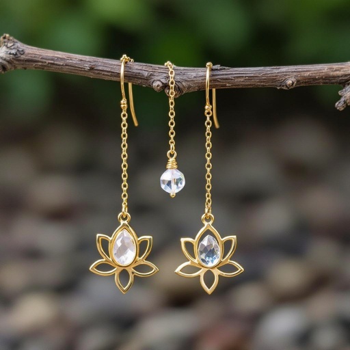Серьги золото изящный маленький плоский лотос с необработанным маленьким хрусталем в центре, от лотоса идет золотая цепочка вниз с еще одним маленьким камушком хрусталя