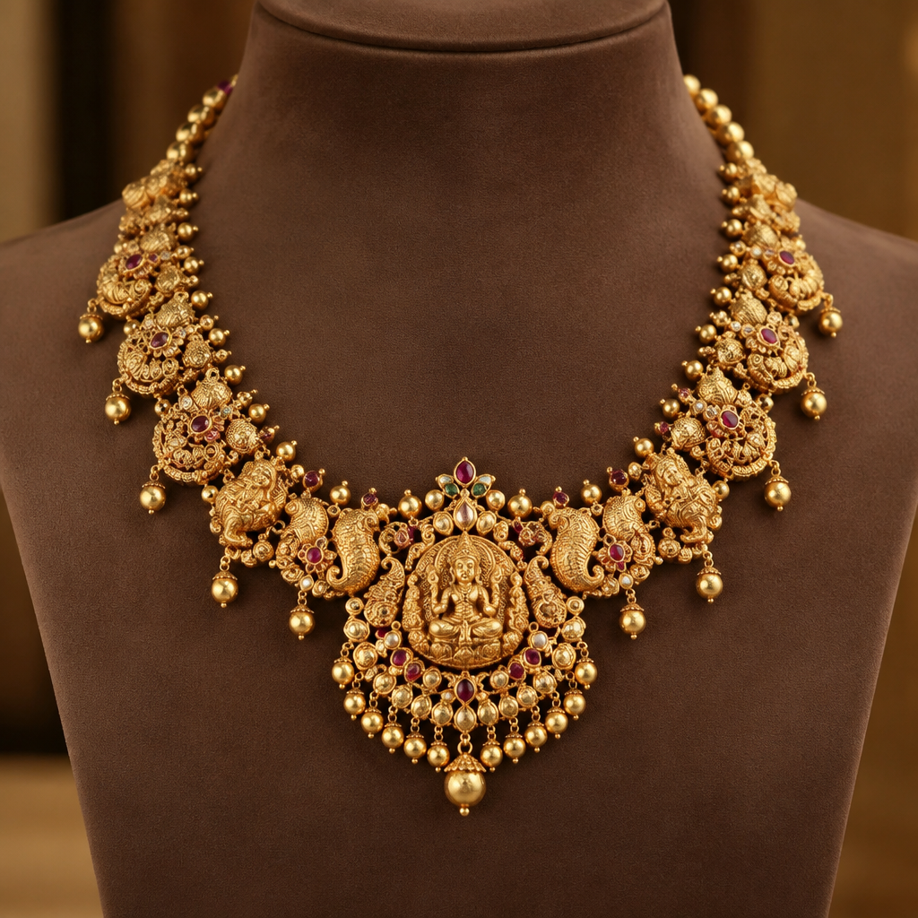 A ethnic women's necklace made of gold suitable for wedding
photorealistic jewelry design, A ethnic women's necklace made of gold suitable for wedding, ethnic style, just the design no text