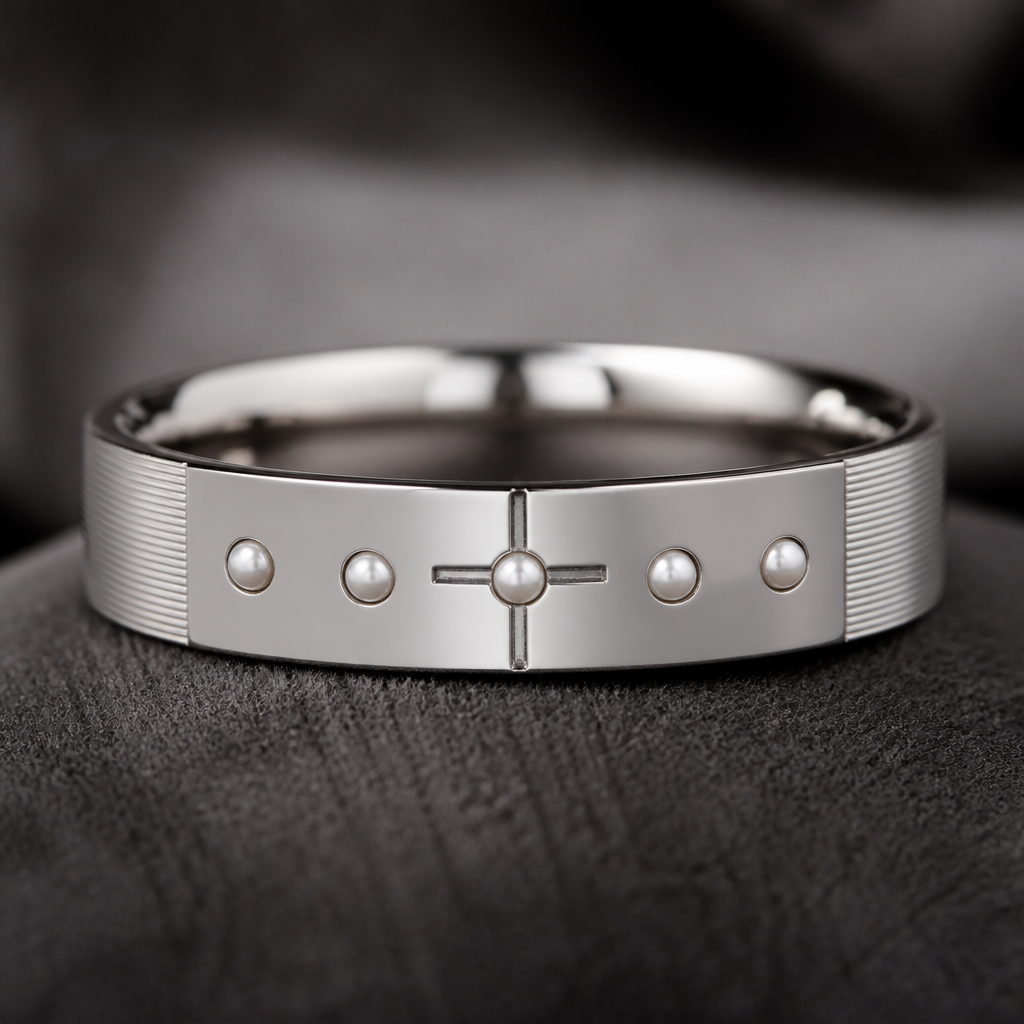 A men's ring. A single solid 18k white gold wedding band, comfort fit profile with a polished finish, high-end jewelry photography. On the front, there is a clean engraved cross symbol. Five small white pearls are set along the band: one pearl is precisely at the center of the cross, two pearls are set to the left at 30-degree and 60-degree angles from the center, and two pearls are set to the right at 30-degree and 60-degree angles from the center. The sides (edges) of the band feature a subtle horizontal ribbed texture with very small, micro-dimension horizontal lines (subtle grooved lines/parallel horizontal incisions). Luxury studio lighting, macro shot, neutral velvet background
