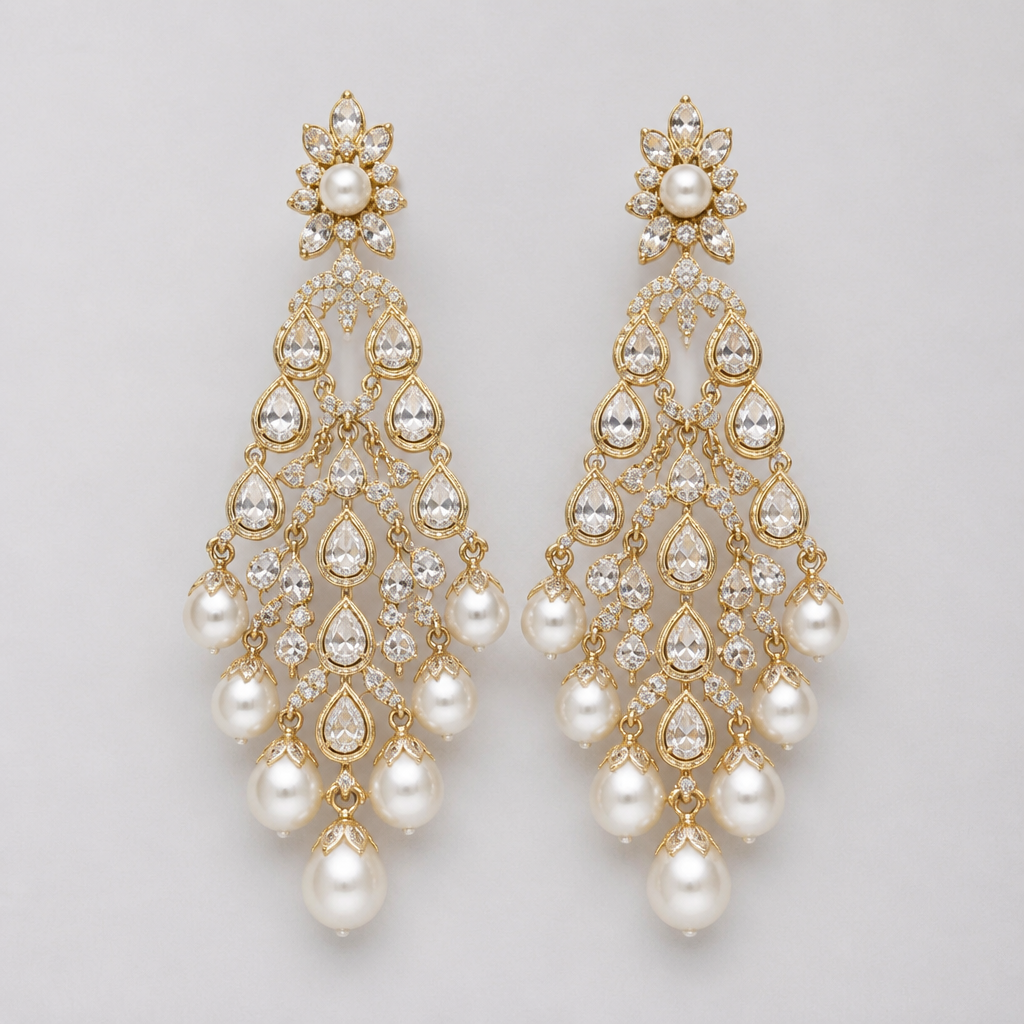 Chandelier earrings with pearls
photorealistic jewelry design, Chandelier earrings with pearls , just the design no text