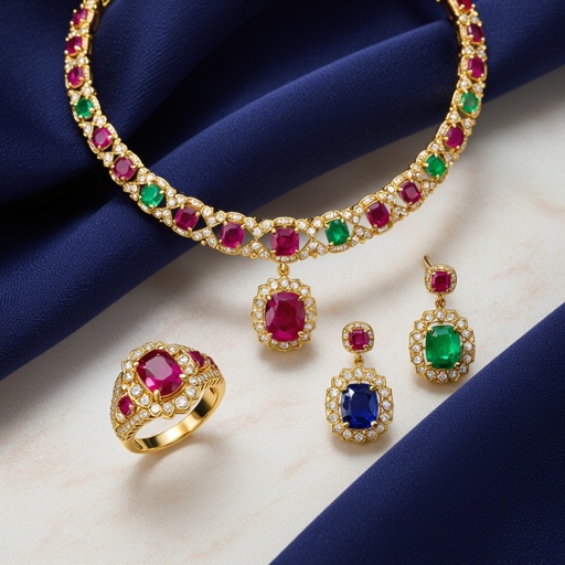 Necklace and ring and earring with luxury colorful jewel with gold