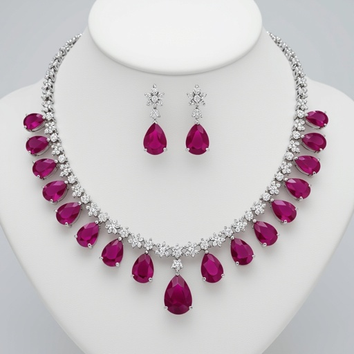 Ruby luxury necklace long pear drop style and luxury earring set Platinum necklace, ruby pear drops, diamond accents, prong setting. Matching platinum earrings, ruby pear drops, diamond accents, prong setting.