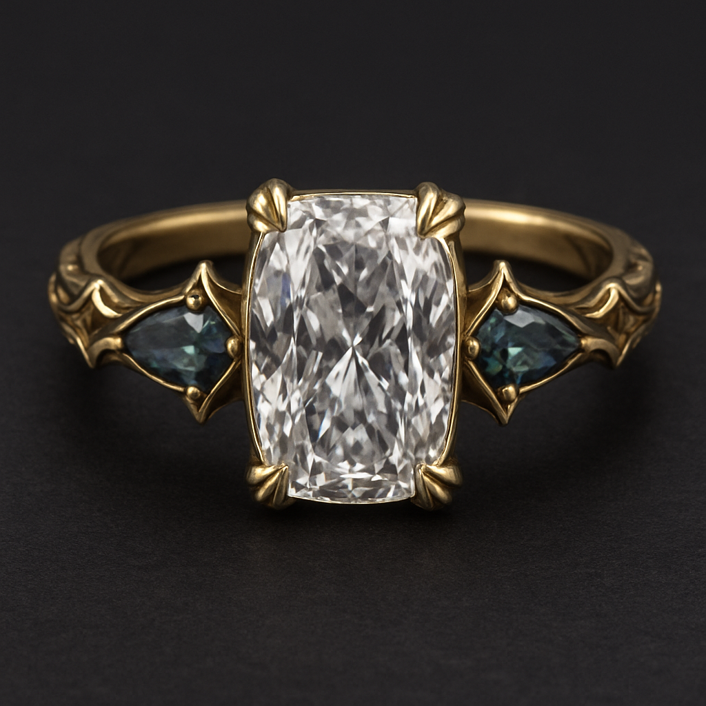 2 carat elongated cushion cut diamond engagement ring with double claw prongs in yellow gold ring with marquise shaped alexandrite side stones
