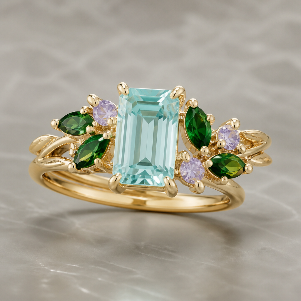 Yellow gold banded ring with Light blue emerald cut gemstone and deep green and lavender purple accent stones
photorealistic jewelry design, Yellow gold banded ring with Light blue emerald cut gemstone and deep green and lavender purple accent stones , nature_inspired style, just the design no text