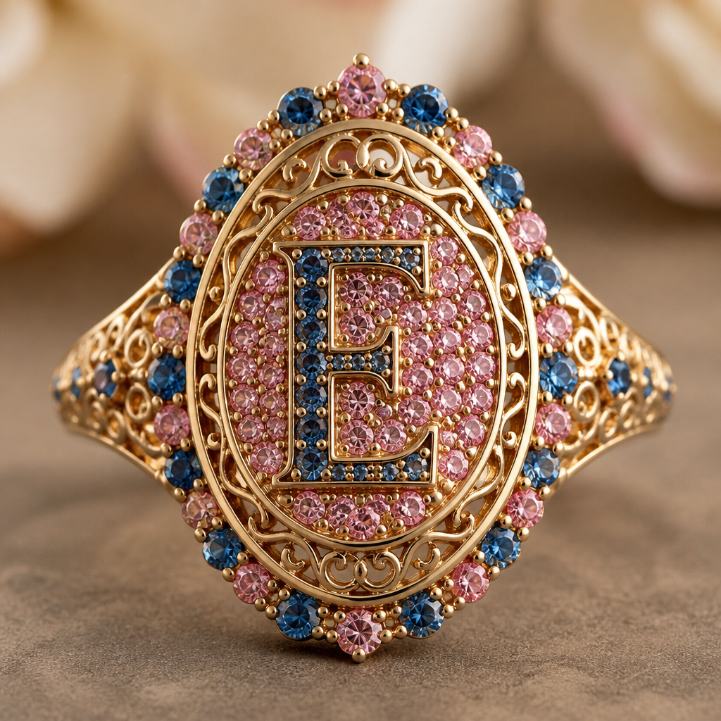 A ethnic women's ring, detailed and decorative, moderately ornate. anel de 15 anos com inicial E com pedras rosa dentro com azul e rosa em volta
photorealistic jewelry design, A ethnic women's ring, detailed and decorative, moderately ornate. anel de 15 anos com inicial E com pedras rosa dentro com azul e rosa em volta, ethnic style, just the design no text