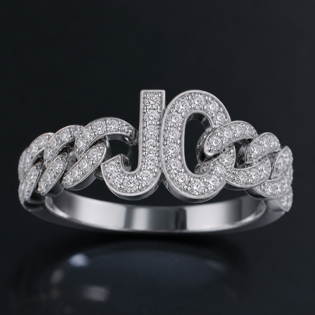 A women's ring made of platinum with diamond stones. Cadena Cubana con letras JC todo en Diamantes
photorealistic jewelry design, A women's ring made of platinum with diamond stones. Cadena Cubana con letras JC todo en Diamantes, modern style, just the design no text