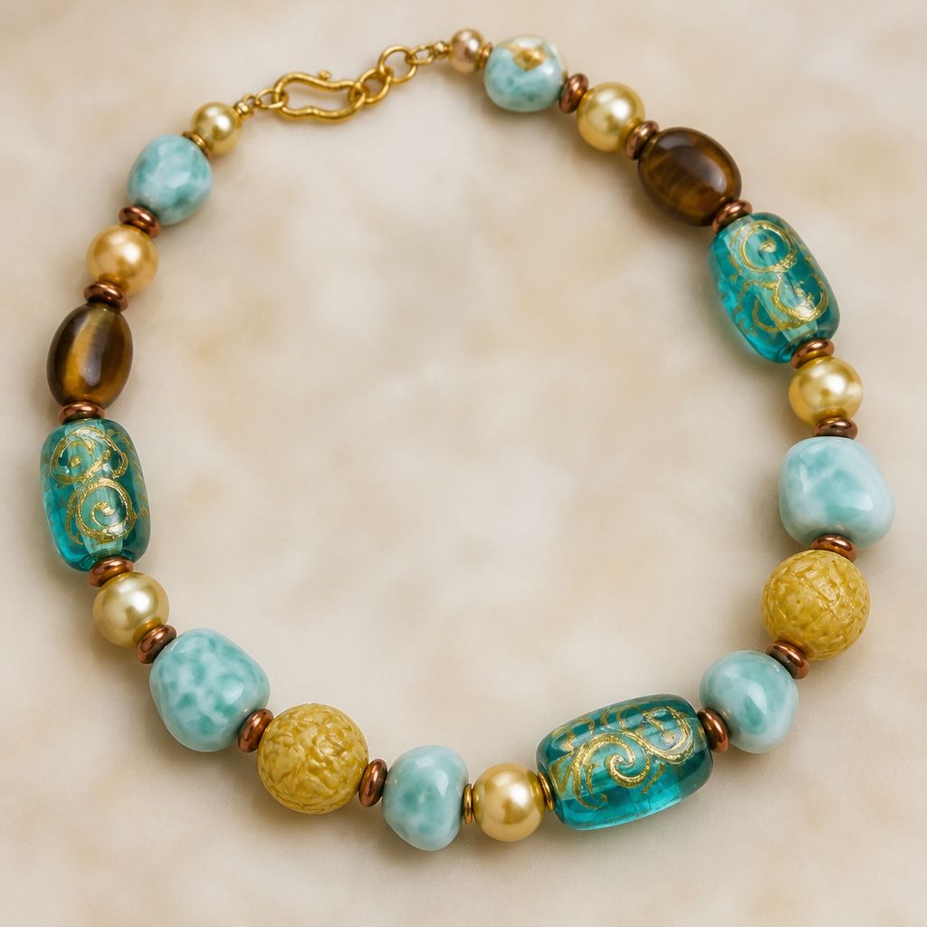 Venetian turquoise colored Glass with gold foiled swirl beads 26mm x 16mm, Larimar tumbles 12mm
× 13mm beads, gold genuine freshwater pearls 8mm, 17mm carved yellow/gold Jade round beads, 12mm x 17mm oval tigers eye beads, 5mm x 10mm rondels copper beads, necklace
photorealistic jewelry design, Venetian turquoise colored Glass with gold foiled swirl beads 26mm x 16mm, Larimar tumbles 12mm
× 13mm beads, gold genuine freshwater pearls 8mm, 17mm carved yellow/gold Jade round beads, 12mm x 17mm oval tigers eye beads, 5mm x 10mm rondels copper beads, necklace, vintage style, just the design no text