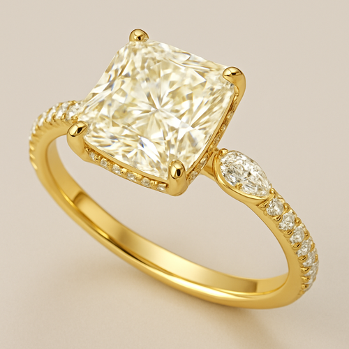 Engagement ring: lab grown, 2.5 carat, radiant shape, yellow gold metal, a hidden halo, pave band but make the diamond on the side marquise shaped