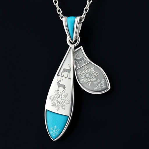Silver pendant in the shape of ice skating blades with a turquoise stripe within the blade
