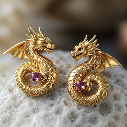 Золотые матовые серьги с изображением дракона узоры и камни мелкие раузтопаз
