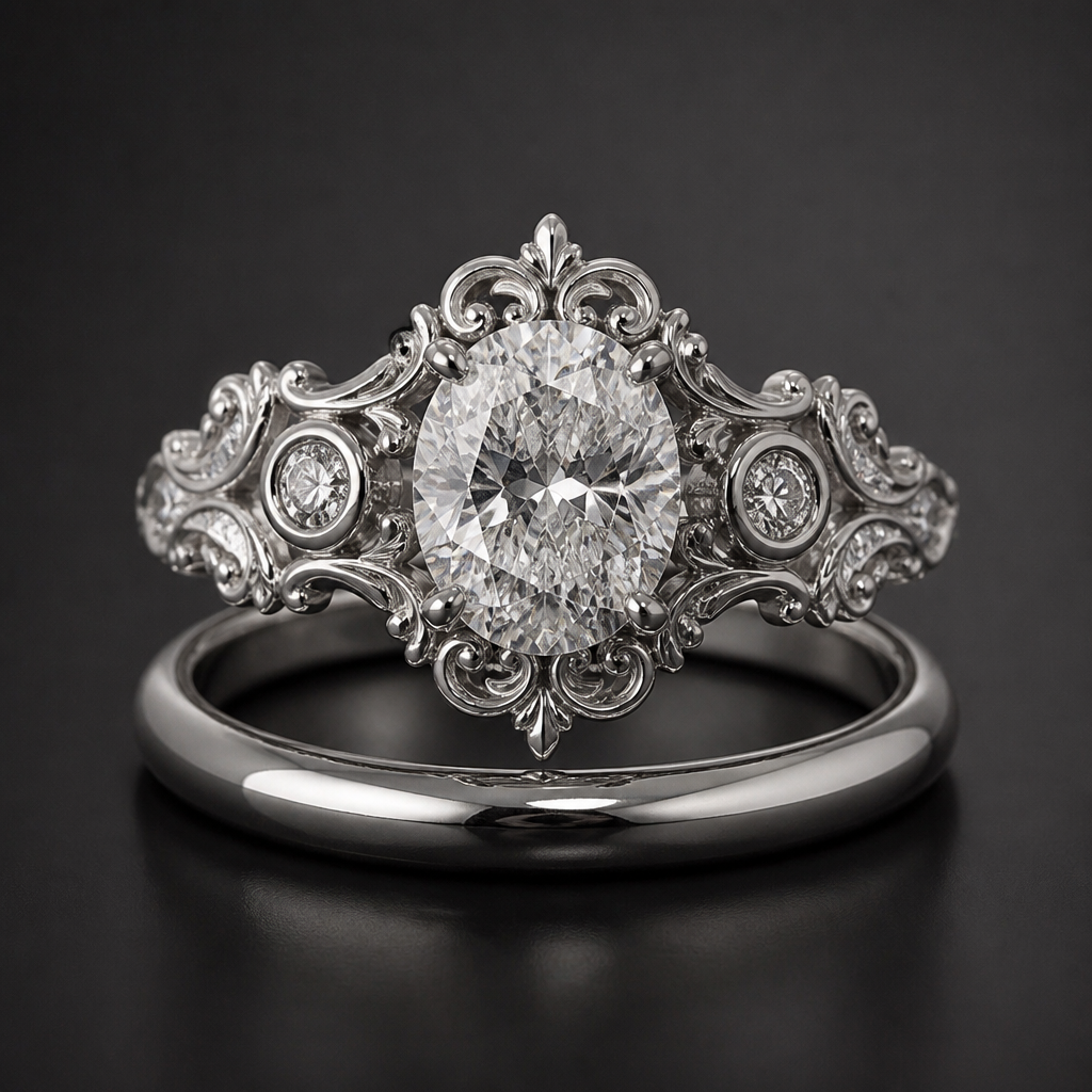 Baroque style diamond and white gold engagement ring with a plain band
photorealistic jewelry design, Baroque style diamond and white gold engagement ring with a plain band, bespoke style, just the design no text