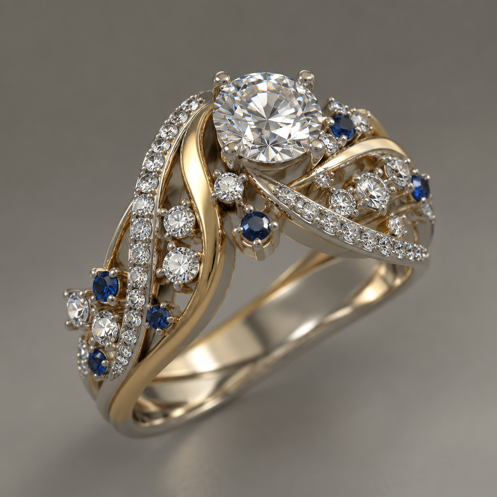 A contemporary women's ring made of mixed metal with diamond stones. 33 diamonds ranging in size, but no larger than .25 of a carat. add one .5 carat solitaire diamond and 7 tiny sapphire chips.
photorealistic jewelry design, A contemporary women's ring made of mixed metal with diamond stones. 33 diamonds ranging in size, but no larger than .25 of a carat. add one .5 carat solitaire diamond and 7 tiny sapphire chips., contemporary style, just the design no text