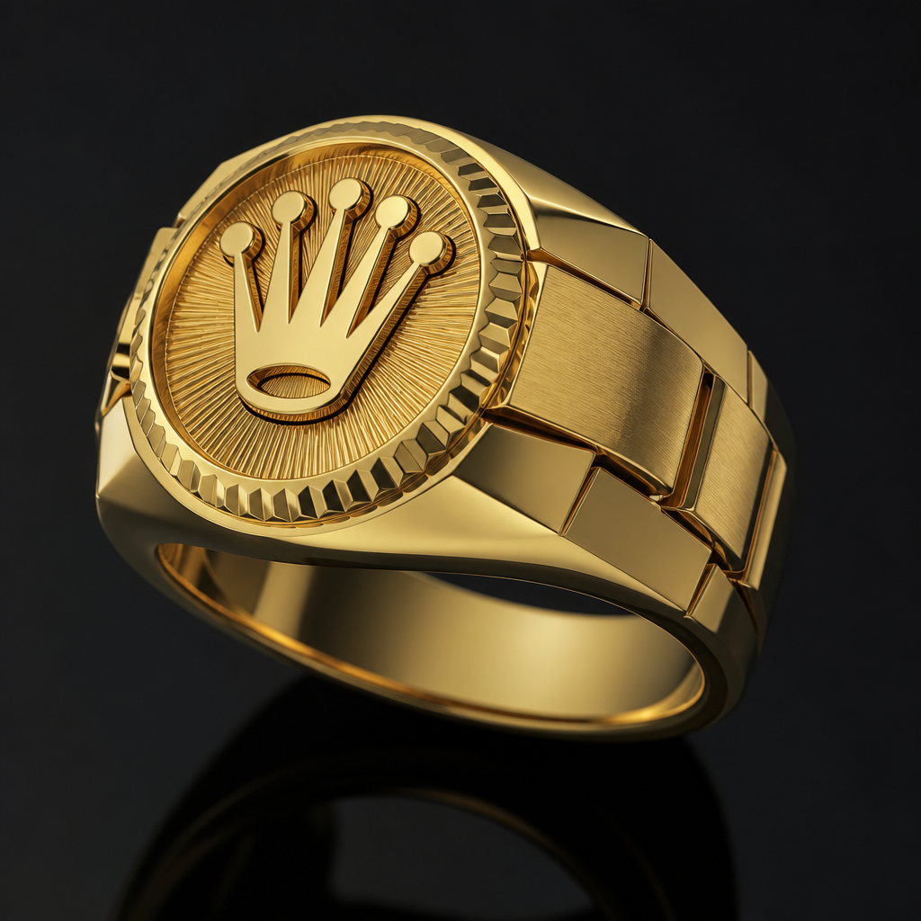 A women's ring. make a man ring design with rolex logo and use premium 18k yellow gold
photorealistic jewelry design, A women's ring. make a man ring design with rolex logo and use premium 18k yellow gold, modern style, just the design no text