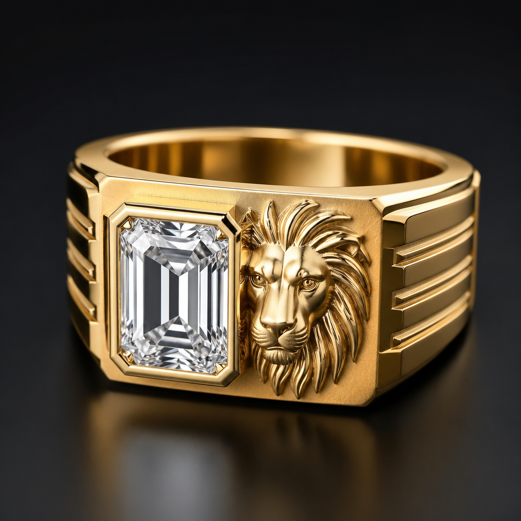 A men's ring made of gold. noting change only enlarge the diamond to a 6x6 mm rectangle and move it to the left in front of the lion
photorealistic jewelry design, A men's ring made of gold. noting change only enlarge the diamond to a 6x6 mm rectangle and move it to the left in front of the lion, modern style, just the design no text