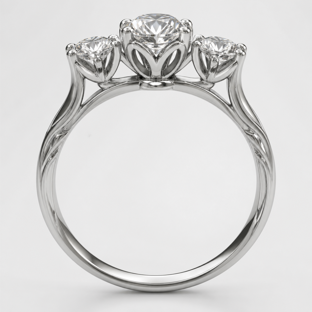 Three stone setting engagement ring with tulip basket on only the center stone. Round cut diamond, platinum metal
photorealistic jewelry design, Three stone setting engagement ring with tulip basket on only the center stone. Round cut diamond, platinum metal, art_nouveau style, just the design no text