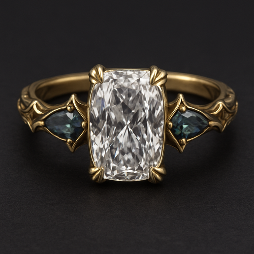 2 carat elongated cushion cut diamond engagement ring with double claw prongs in yellow gold ring with marquise shaped alexandrite side stones 