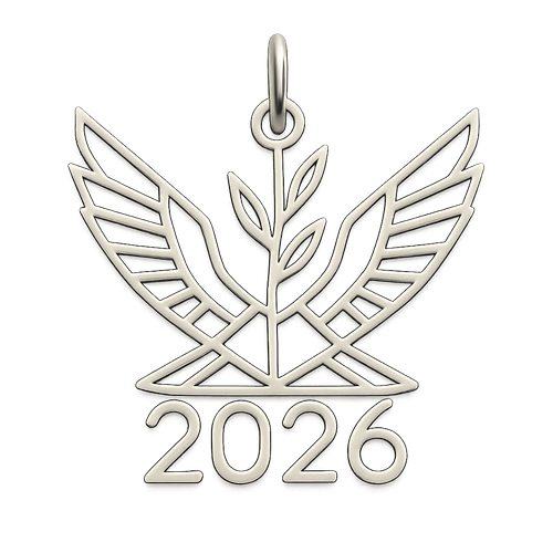 silver cut-out charm only with  two spread out bird wings, an olive branch and  along year 2026