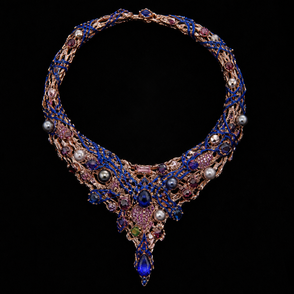 Stringy lapis on top of rose gold with pink diamonds sapphire pearl emerald ruby rhodium necklace
photorealistic jewelry design, Stringy lapis on top of rose gold with pink diamonds sapphire pearl emerald ruby rhodium necklace , avant_garde style, just the design no text