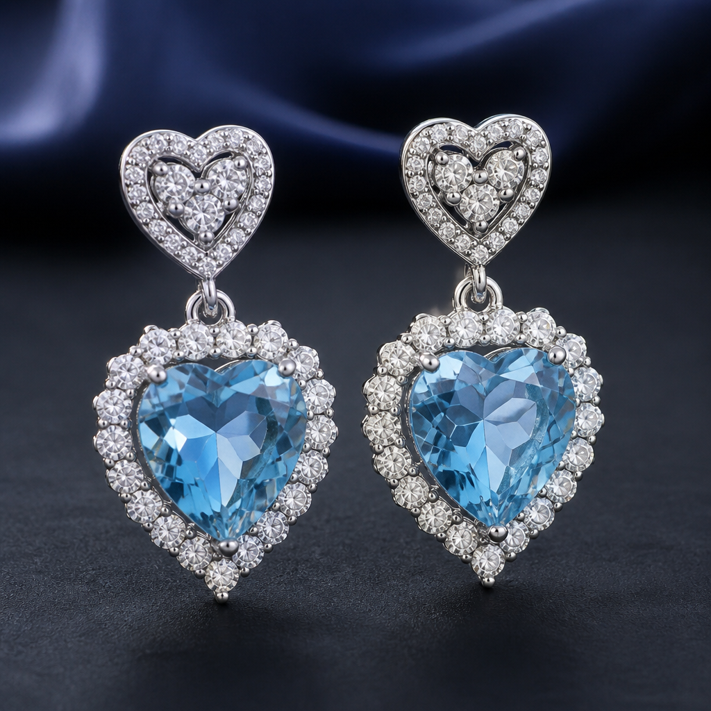 A romantic women's earrings made of silver with diamond and topaz stones suitable for festival
photorealistic jewelry design, A romantic women's earrings made of silver with diamond and topaz stones suitable for festival, romantic style, just the design no text
