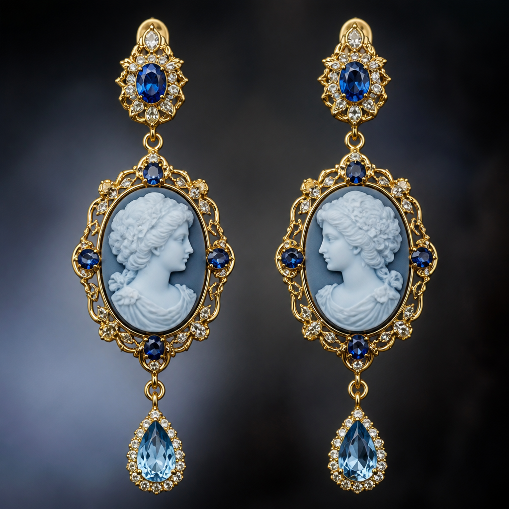 A cameo women's earrings made of gold with sapphire and topaz stones suitable for formal, highly ornate, intricate and elaborate, richly detailed. delicado y sencillo pero elegante
photorealistic jewelry design, A cameo women's earrings made of gold with sapphire and topaz stones suitable for formal, highly ornate, intricate and elaborate, richly detailed. delicado y sencillo pero elegante, cameo style, just the design no text