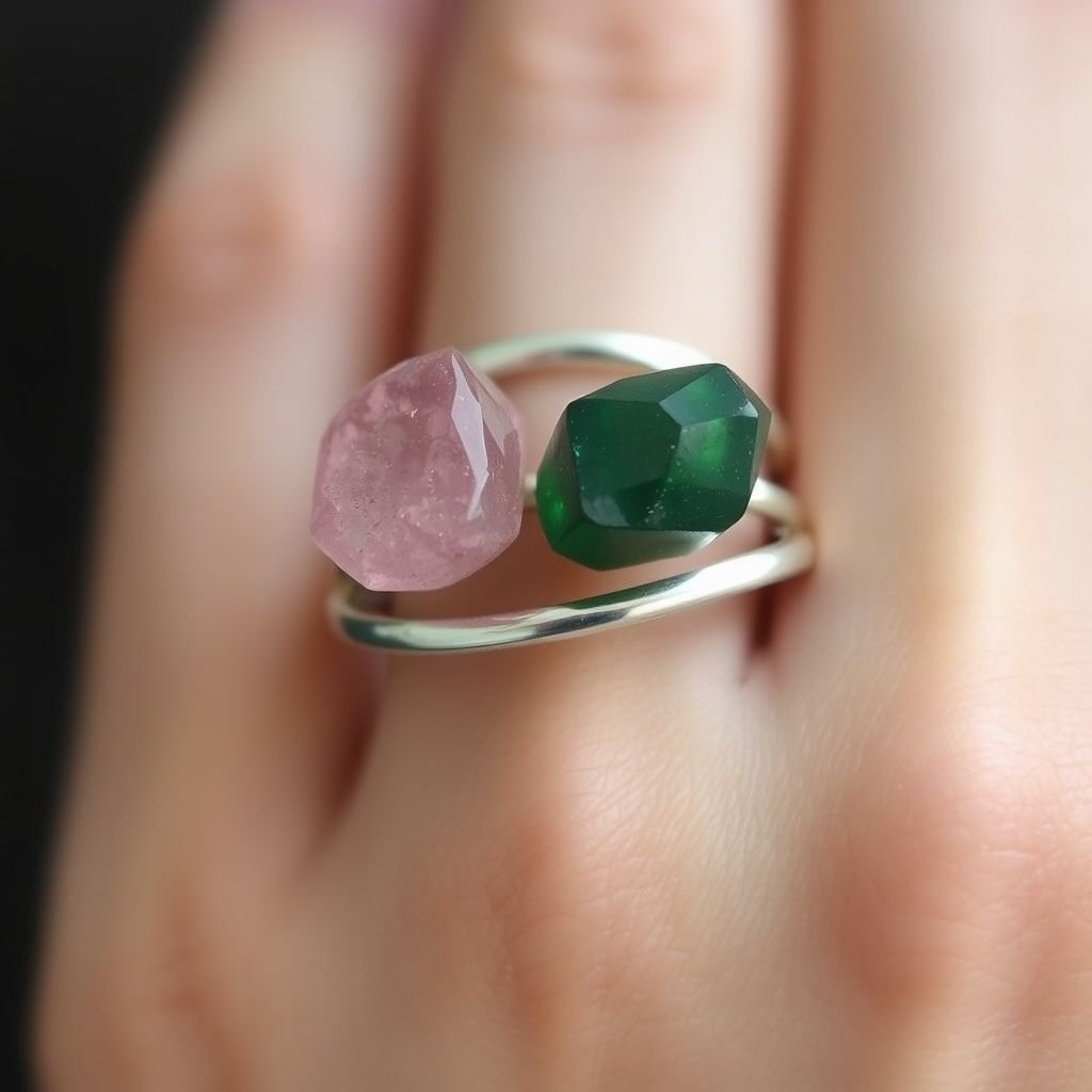 Craft a minimalist silver adjustable ring that delicately embraces the finger. Feature two striking raw natural gemstones—allowing their organic textures and colors to stand out. The design exudes earthy elegance, merging modern style with raw, untamed nature.