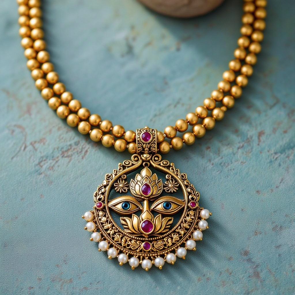 Кулон на длинной цепочке. Матовое светлое золото. В цепочке небольшие золотые шарики и жемчуг. Кулон в виде двух глаз над ними лотос с маленьким красным камнем внутри узоры завитушки 