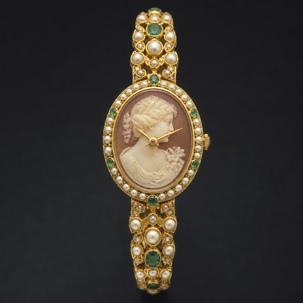 A cameo women's watch made of gold with emerald and pearl stones suitable for formal, highly ornate, intricate and elaborate, richly detailed. delicado y sencillo
photorealistic jewelry design, A cameo women's watch made of gold with emerald and pearl stones suitable for formal, highly ornate, intricate and elaborate, richly detailed. delicado y sencillo, cameo style, just the design no text