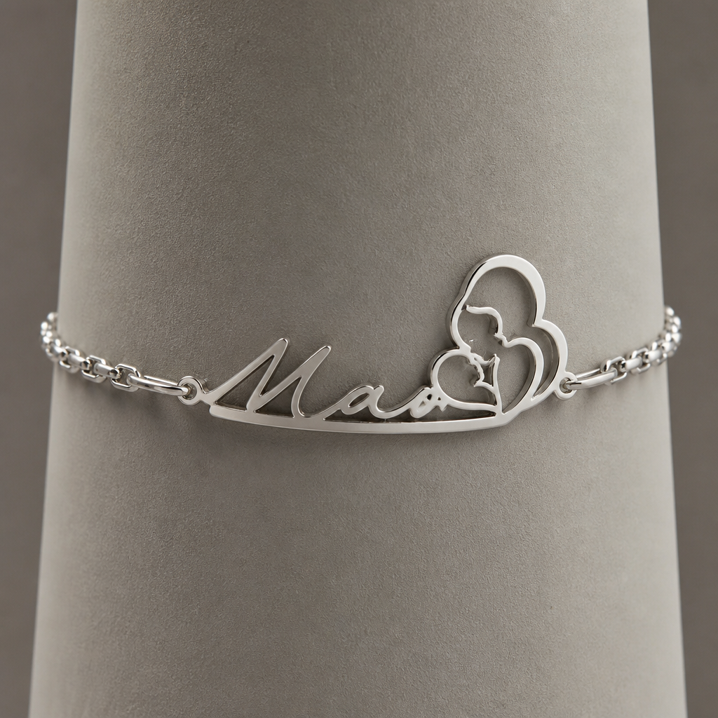 A modern women's bracelet made of silver. A bracelet with light stitches, 2 cm thick and 'Maa' written on it
photorealistic jewelry design, A modern women's bracelet made of silver. A bracelet with light stitches, 2 cm thick and 'Maa' written on it, modern style, just the design no text