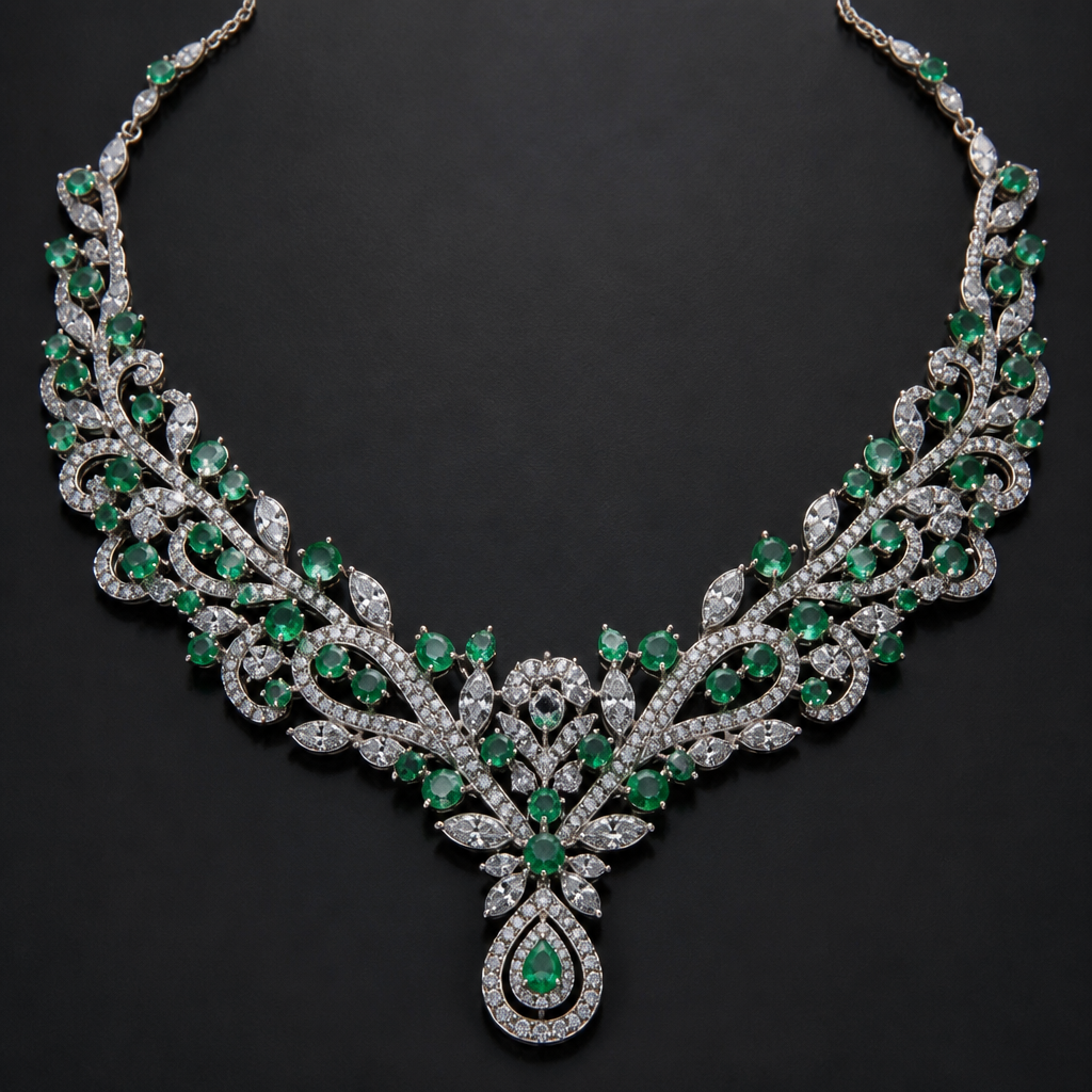 A women's ring, highly ornate, intricate and elaborate, richly detailed. Diamond aur panne ka necklace banaaiye 2 mm Panna. Dimond 0.3ct.
photorealistic jewelry design, A women's ring, highly ornate, intricate and elaborate, richly detailed. Diamond aur panne ka necklace banaaiye 2 mm Panna. Dimond 0.3ct., modern style, just the design no text