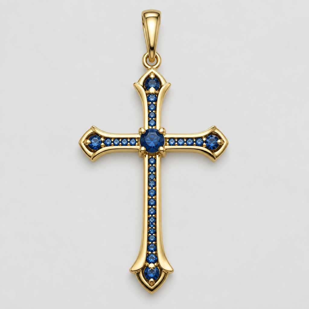 A women's pendant made of gold with sapphire stones. catholic gold cross with gemstones
photorealistic jewelry design, A women's pendant made of gold with sapphire stones. catholic gold cross with gemstones, modern style, just the design no text