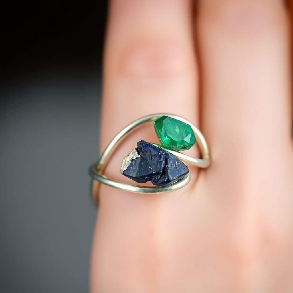 Craft a minimalist silver adjustable ring that delicately embraces the finger. Feature two striking raw natural gemstones—allowing their organic textures and colors to stand out. The design exudes earthy elegance, merging modern style with raw, untamed nature.