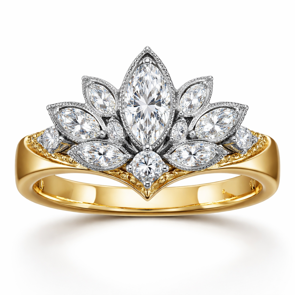 Create a ring in 14k yellow gold, set in platinum. The center stone is a .60 size marquise diamond with a .25 round diamond set directly under the marquise. Add 6 more marquise shaped diamonds and 2 more round diamonds in the shape of a fan with a thick gold yellow gold band