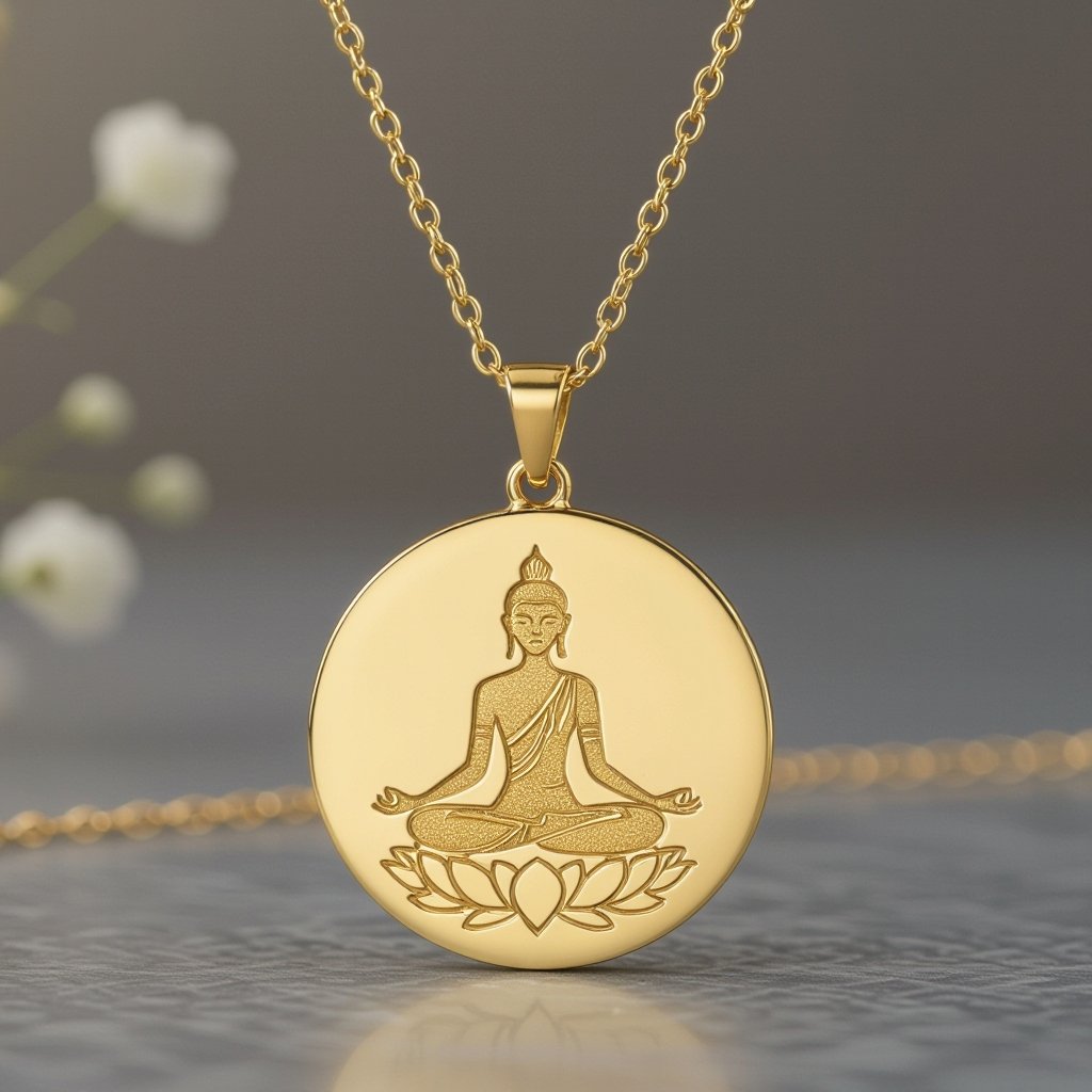 Золотой кулон в виде неровного круга в круге выгравирован силуэт женщины с длинными волосами в позе лотоса лица не видго