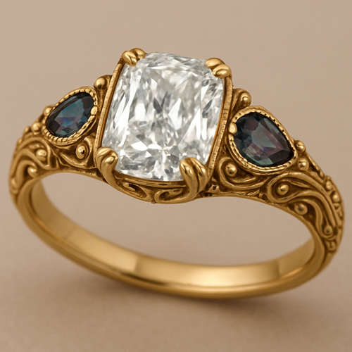 2 carat elongated cushion cut diamond engagement ring with double claw prongs in yellow gold ring with marquise shaped alexandrite side stones 