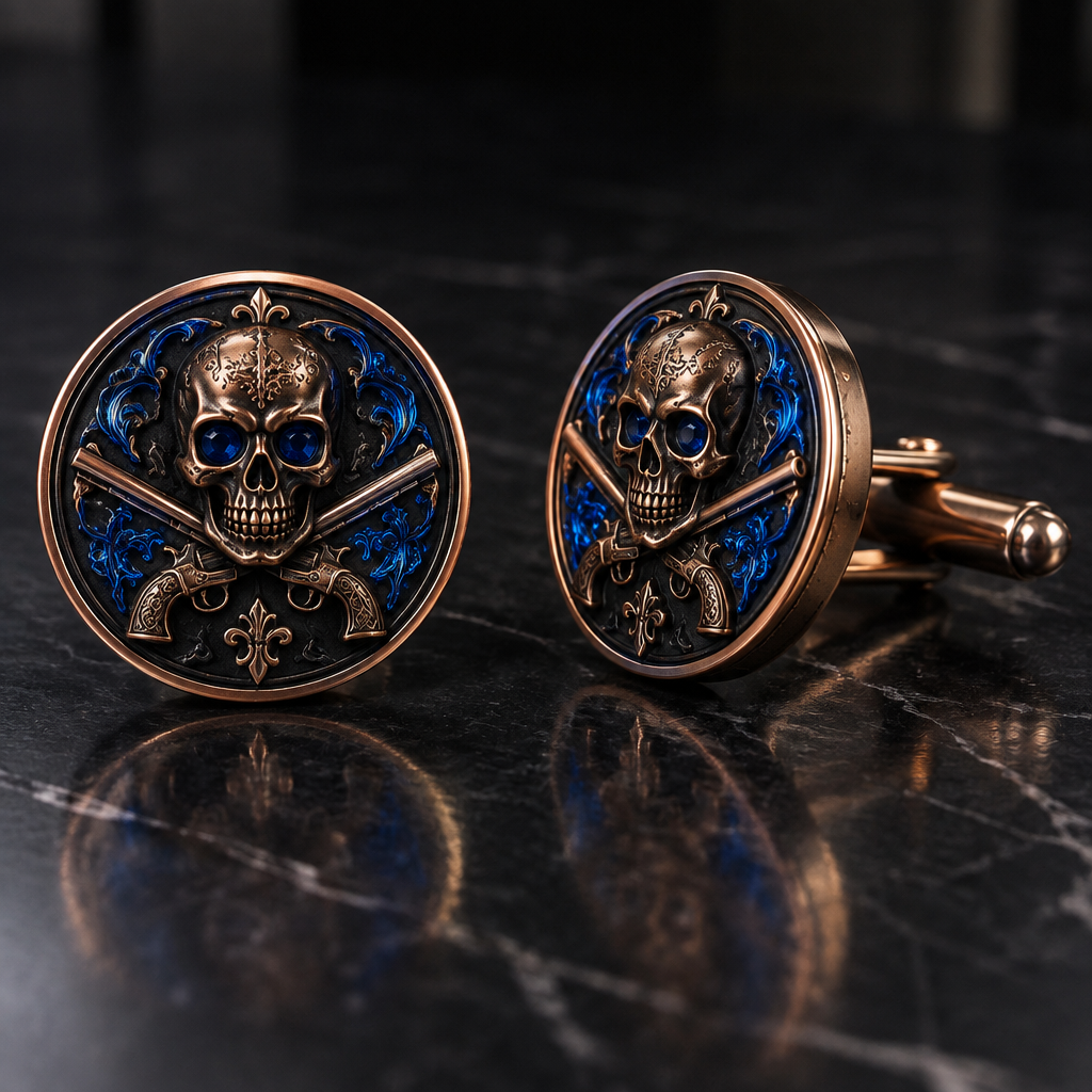 A gothic men's cufflinks made of copper with sapphire stones suitable for formal. a skull with neon graffiti around the skull and pistols crossing
photorealistic jewelry design, A gothic men's cufflinks made of copper with sapphire stones suitable for formal. a skull with neon graffiti around the skull and pistols crossing, gothic style, just the design no text